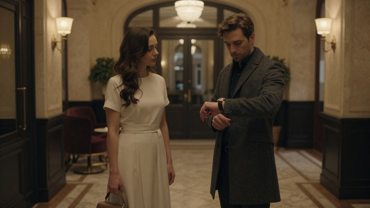 A man and woman meeting quietly in a boutique hotel lobby in Paris, atmosphere calm and respectful.
