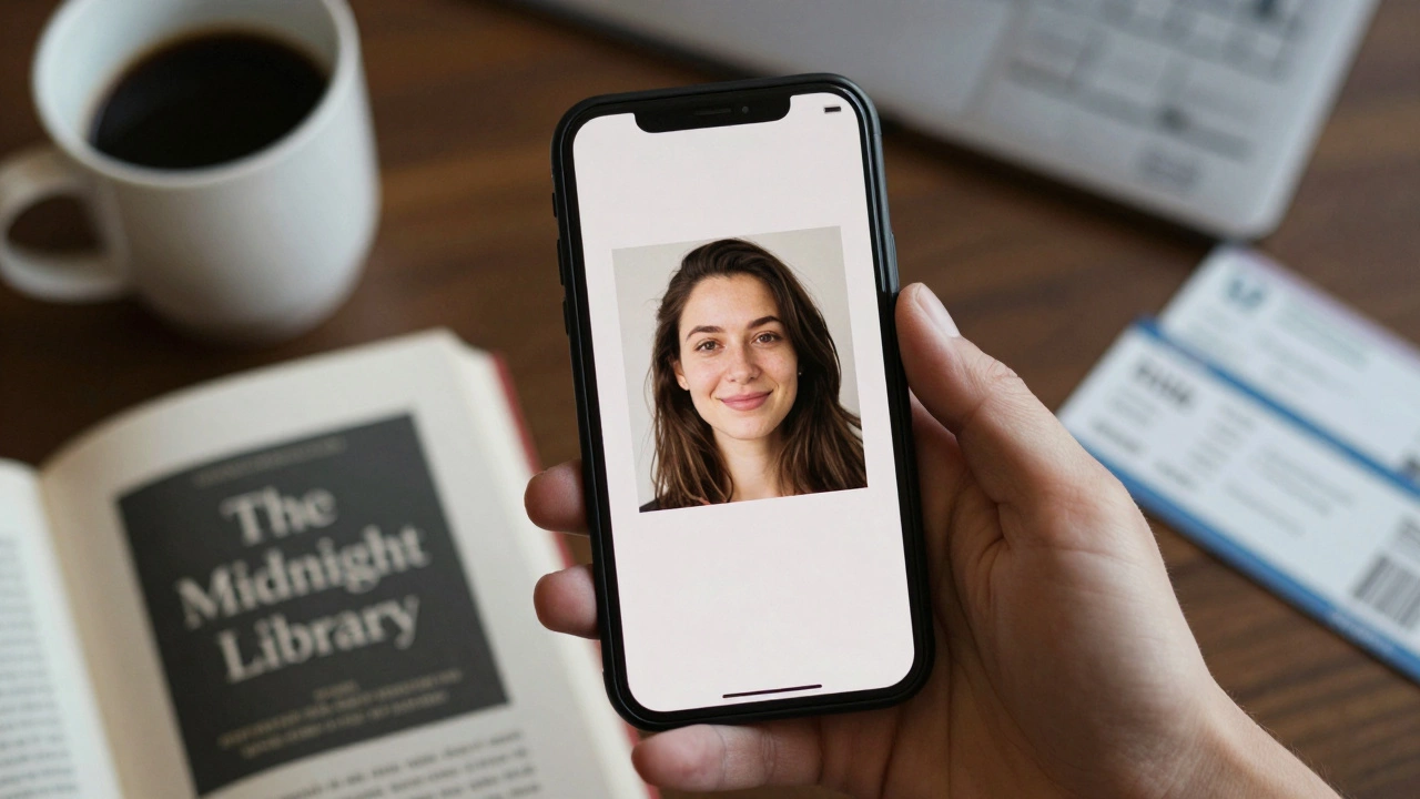 A smartphone showing a gentle portrait beside a coffee cup and open book, no text or logos visible.