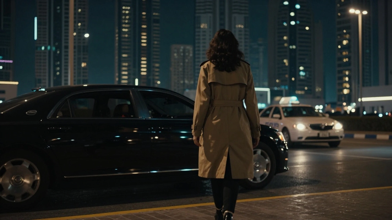 A woman walks away from a luxury car at night in Dubai, her silhouette framed by city lights.