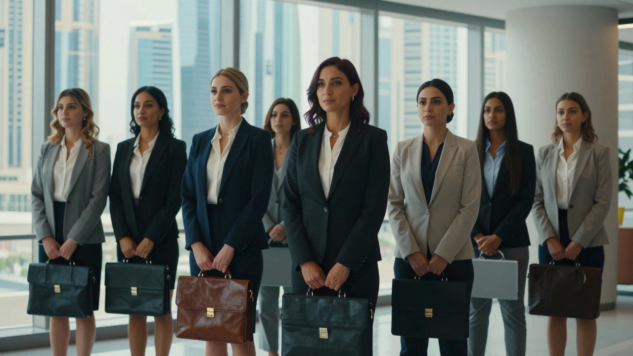 Diverse professional women stand composed in a Dubai office lobby, exuding poise and confidence.